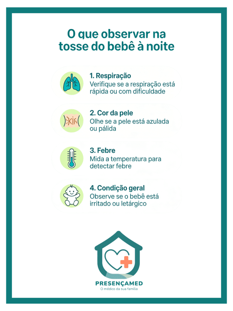Infografia em português com passos do que observar na tosse do bebê à noite em casa